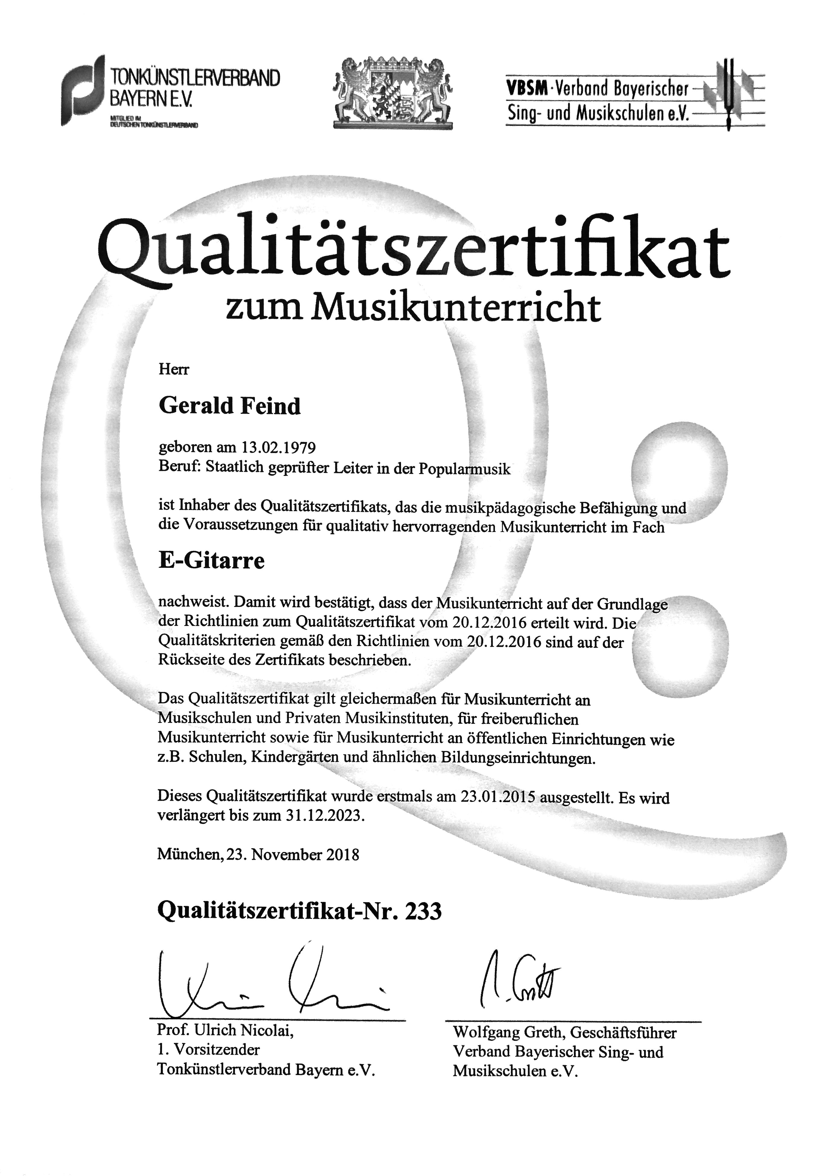 Qualitätszertifikat Tonkünstlerverband Bayern eV 2019